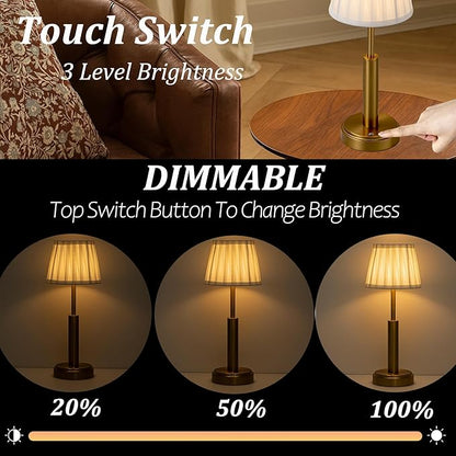 16'' Vintage Fabric Shade Rechargeable LED Table Lamp Touch Control Cordless USB Nightstand Lamp in Antique Brass with Stepless Dimming for Bedroom Dorm Living Room