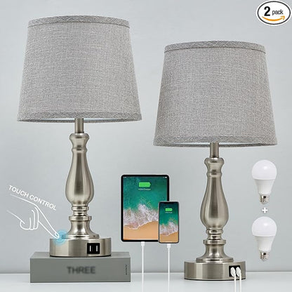 Table Lamps for Bedroom Set of 2,Dimmable Touch Bedside Lamps with Dual USB A+C Ports - Nightstand Lamp for End Table Modern Night Stand Lamps for Living Room Guest Room