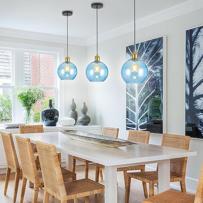 Blue Glass Pendant Lights Kitchen Island Lighting Globe Pendant Light Fixtures Modern Hand Blown Glass Lighting for Kitchen Island Bedroom Dining Room-7.8Inch