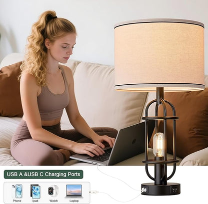 Black Table Lamps for Living Room Set of 2, 22.3" Farmhouse Lamps for Nightstand, Industrial Table Lamps for Bedroom with USB Ports, Bulbs Included