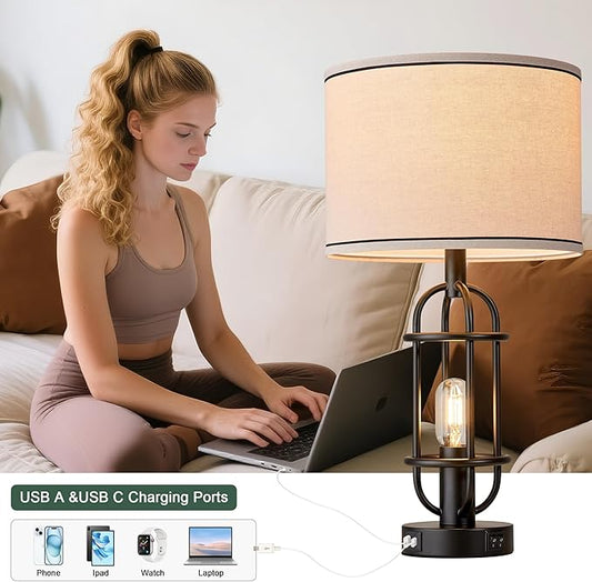 Black Table Lamps for Living Room Set of 2, 22.3" Farmhouse Lamps for Nightstand, Industrial Table Lamps for Bedroom with USB Ports, Bulbs Included