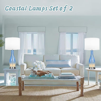 BesLowe 26in Tall Glass Table Lamps Set of 2 with 2 USB Charging Ports & LED Nightlight, Large Coastal Table Lamps for Living Room End Table, Modern Beach Lamps for Bedroom Bedside Nightstand, Blue