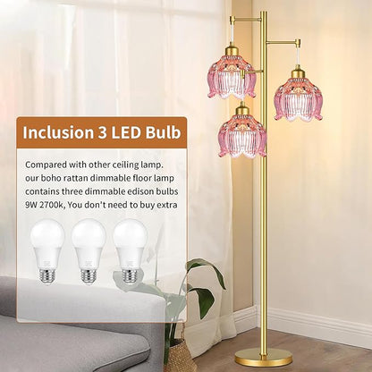 Glass Floor Lamp for Living Room,Bedroom,Gold Flower Mid Century Modern Standing Lamp Brass Tree 3 Light Tall Floor Lamps Vintage Floor Lights Pink Lamp Shade Farmhouse Boho Bohemian
