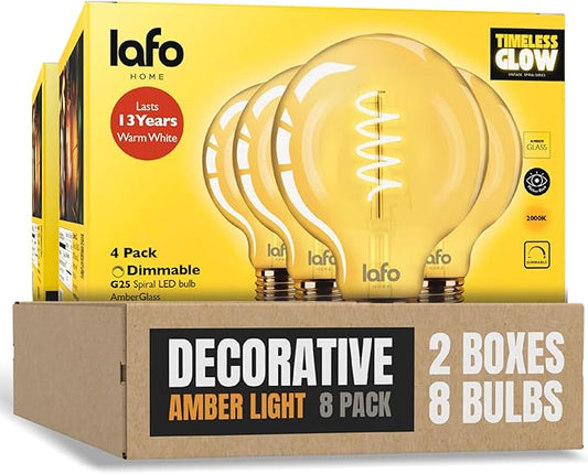TimelessGlow 8 Pack Dimmable G25 LED Filament Bulb 5W 40W Equivalent Warm Amber 2000K E26 Base CRI80 Amber Glass Spiral Filament ETL FCC Certified Flicker Free Decorative Lighting