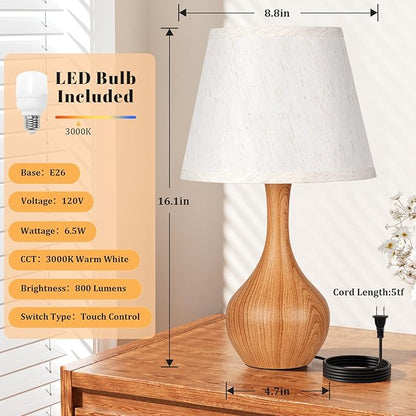 Seealle Touch Table Lamps for Nightstand, 3-Way Dimmable Small Bedroom Lamps for Night Stands, Wood Bedside Lamps for Living Room, Kids Room, End Table(LED Bulb Included)