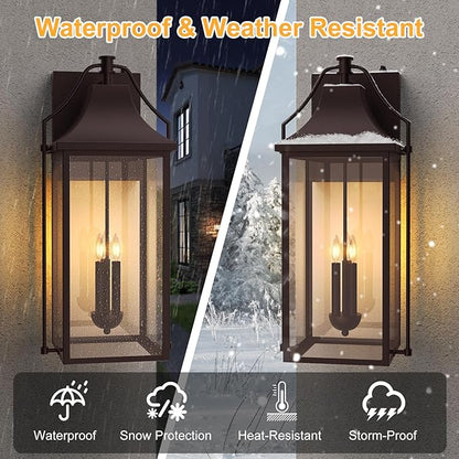 𝟐𝟓-𝐈𝐍𝐂𝐇 Dusk to Dawn Outdoor Wall Light, Large Size Waterproof Patio Lanterns, 3-Light Oil Rubbed Bronze Exterior Wall Mount Outside Sconce with Glass for House