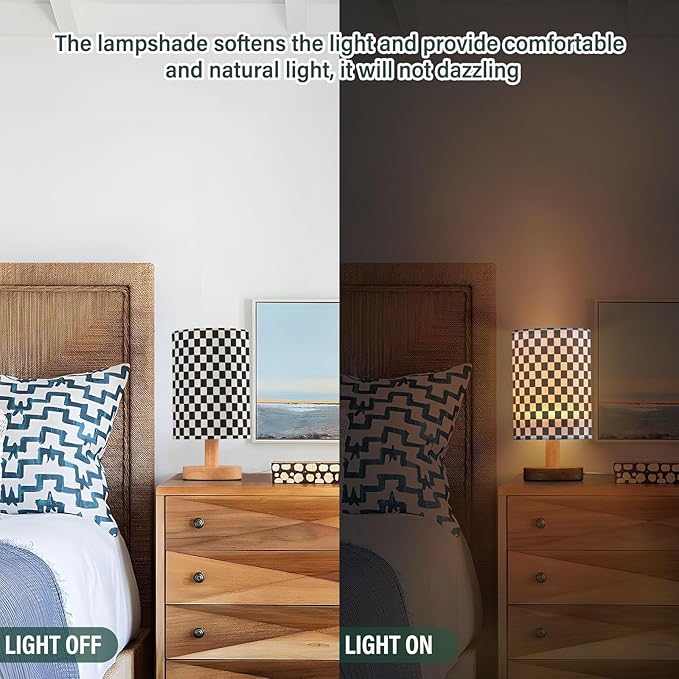 Bedside Lamp Black White Checkered Pattern Table Lamp for Bedroom LED Nightstand Lamp Shade USB Ports Wood Base for Living Room Dorm Office