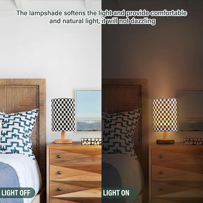 Bedside Lamp Black White Checkered Pattern Table Lamp for Bedroom LED Nightstand Lamp Shade USB Ports Wood Base for Living Room Dorm Office