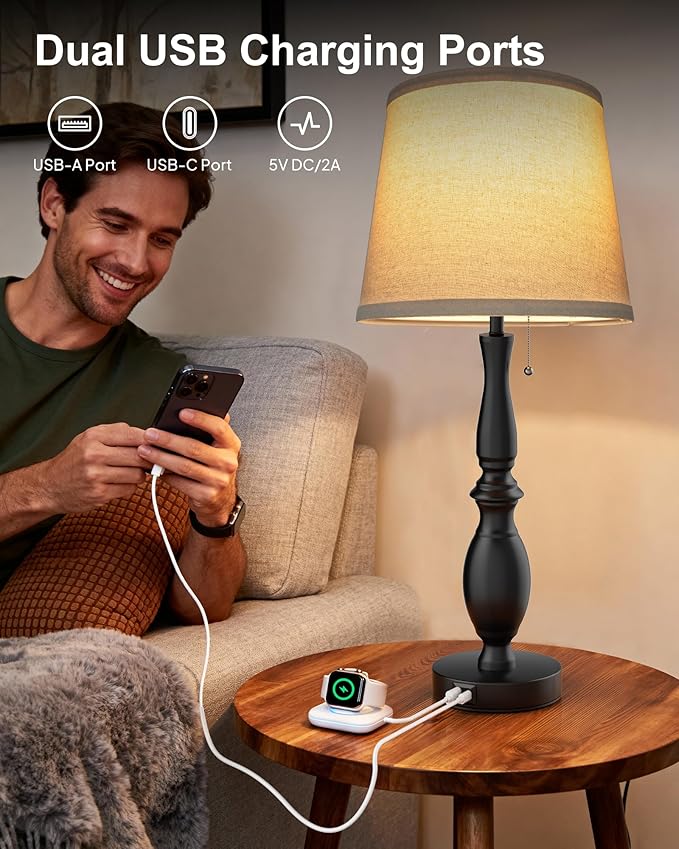 EppieBasic Farmhouse Lamps for Living Room Set of 2: Rustic Lamp 22'' for Night Stands, Vintage Table Lamp with USB C+A Charging Ports, Bedroom Lamps with Round Fabric Linen Lampshade, 3-Way Dimmable