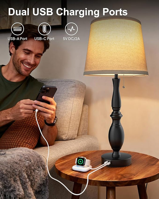 EppieBasic Farmhouse Lamps for Living Room Set of 2: Rustic Lamp 22'' for Night Stands, Vintage Table Lamp with USB C+A Charging Ports, Bedroom Lamps with Round Fabric Linen Lampshade, 3-Way Dimmable