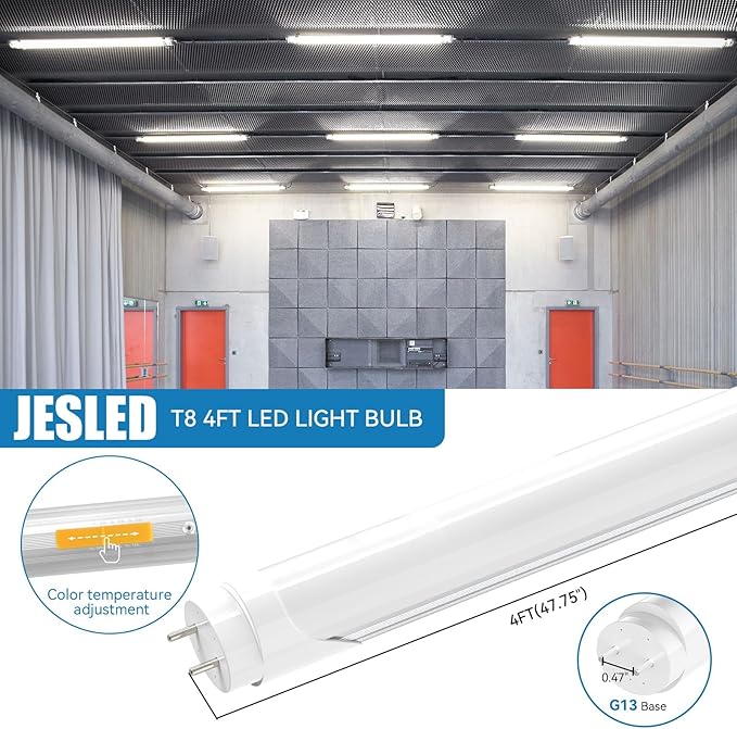 JESLED T8 LED 4FT Tube Lights, Type A+B, 24W, 3200LM, 6 Colors 3000K | 3500K | 4000K | 5000K | 6000K | 6500K, Plug and Play or Ballast Bypass, LED Bulbs 4 Foot Replacement, Dual-Ended, Frosted,4 Pack