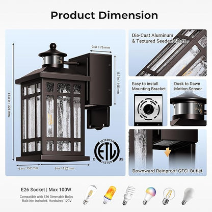 Motion Sensor Outdoor Lights with GFCI Outlet, 2-Pack ORB Dusk to Dawn Outdoor Lights, 5 Lighting Modes Exterior Light Fixture for House Front Door Patio Garage, Brightness Distance Adjustable