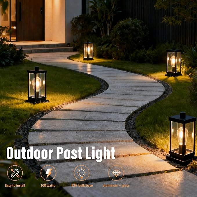 Outdoor Post Light Fixture, Hardwired Aluminum and Clear Glass Lamp Post Lantern, Waterproof Exterior Light for Yard, Driveway, Garden, Gate Pillar,E26 Base (Bulb Not Included)