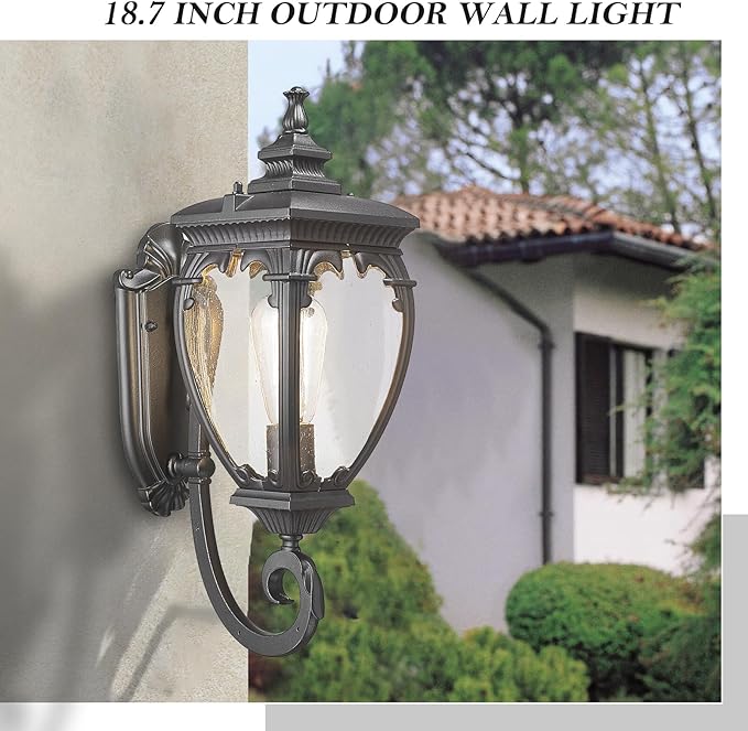 Porch Light Outdoor Wall Lights Exterior Lighting Fixtures, 18.7 Inch Waterproof Black Porch Lights Outdoor Wall Sconces Light Fixture with Seeded Glass for Outside Patio Garage