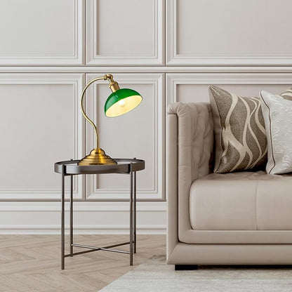 O'Bright Bankers - Cordless LED Table Lamp, Battery-Operated, Rechargeable, 3-Level Dimming, Universal USB-C Charging, 180° Swivel Head, Classic Green Glass Shade, Antique Brass