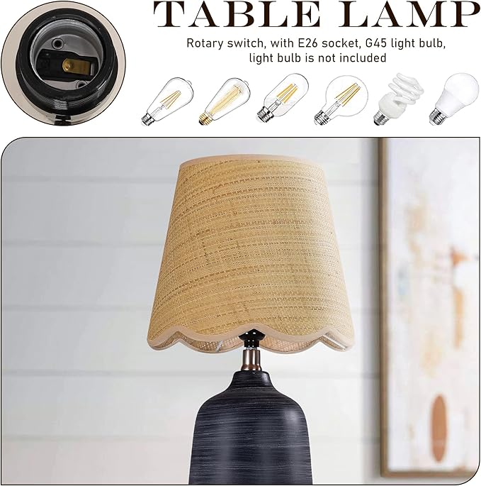 19" Boho Ceramic Table Lamp, Handmade Ceramic Base with Rattan Shade, Farmhouse Plug-in Bedside Nightstand Lamps for Bedroom, Living Room, E26 Socket, Black with White Striped