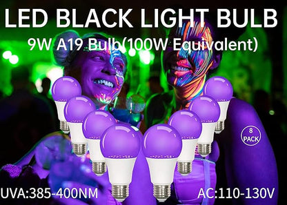 8-Pack LED Black Bulb, A19, UVA 385-400NM, 9W (100W Equivalent), E26 Head, Non-Dimmable, for Halloween Decorations, Glow Parties, Fluorescent Posters