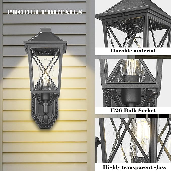 Outdoor Wall Lantern, Outdoor Lights Fixtures Wall Mount with Seeded Glass, Exterior Porch Lights, Waterproof Outside Sconce Lights Modern Anti-Rust for House Front Porch Patio Garage