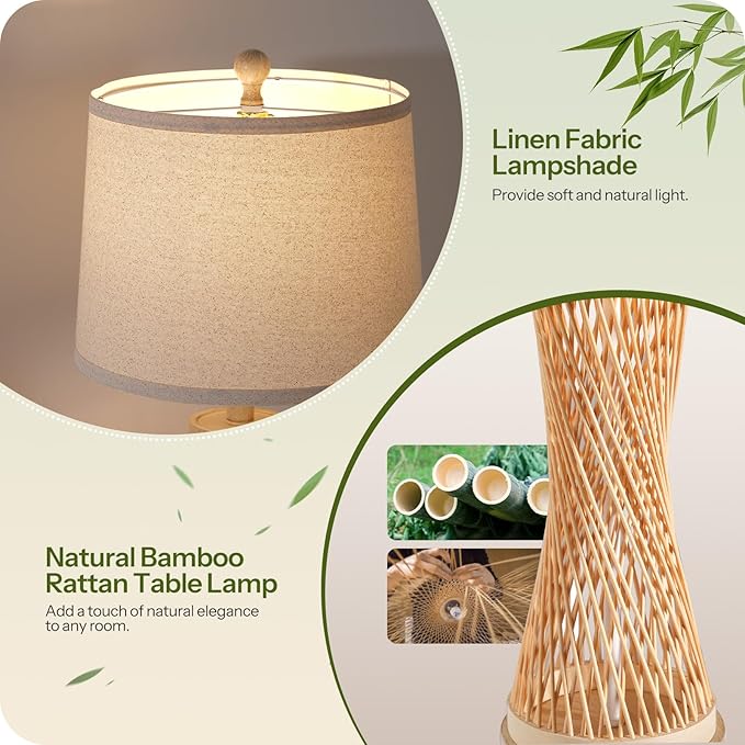 24.4”Farmhouse Rattan Table Lamps Set of 2, Touch Bedside Lamps for Bedroom with Dimmable Night Light, USB A+C Ports, Bamboo Boho Nightstand Lamp with Cream Linen Shade, C04TL05