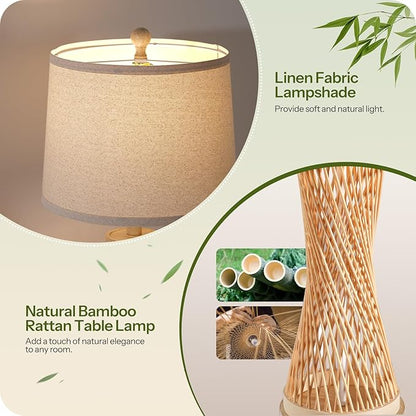 24.4”Farmhouse Rattan Table Lamps Set of 2, Touch Bedside Lamps for Bedroom with Dimmable Night Light, USB A+C Ports, Bamboo Boho Nightstand Lamp with Cream Linen Shade, C04TL05