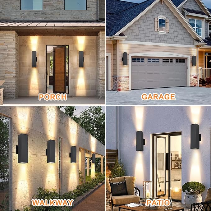 Modern Exterior Lighting Fixtures, Black Outdoor Wall Light Fixtures, 14 in Up and Down Front Porch Light,Square Outdoor Lights for House,Garage Include 12 * 7W Led GU10 Bulbs Aluminum 6PCS