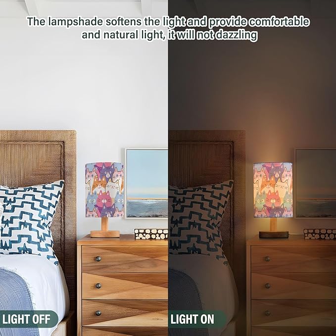 Bedside Lamp Cartoon Cat Table Lamp for Bedroom LED Nightstand Lamp Shade USB Ports Wood Base for Living Room Dorm Office