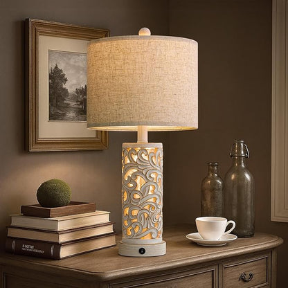 OYEARS 22'' Table Lamp Set of 2 for Living Room,Farmhouse Lamp for for Bedroom,Vintage Retro Bedside Lamps with USB Ports Linen Shade for Home Office (Wash White, Bulb Included)
