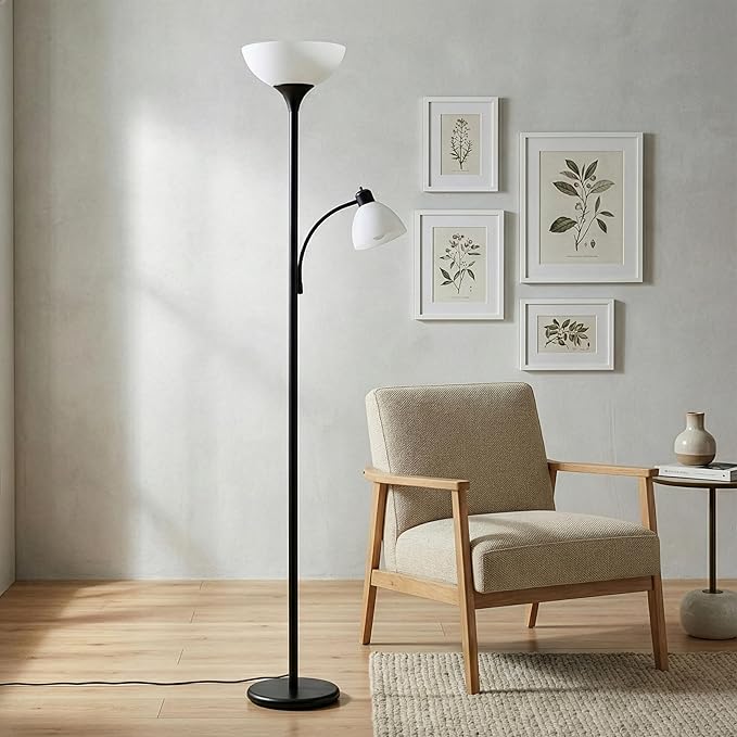 Brightech Sky Dome Plus LED Floor lamp, Torchiere Super Bright Floor Lamp with Reading Lamp for Living Rooms & Offices - Dimmable Tall Standing Lamp for Bedroom Reading - Black