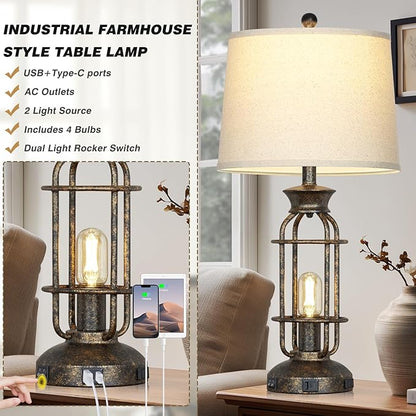 28" Vintage Table Lamps for Living Room, Industrial Farmhouse Table Lamp with USB C+A Ports & Outlet, Rustic Nightstand Bedside Lamps with 2 Night Light for Bedroom End Tables Bronze, 4 Bulbs Included