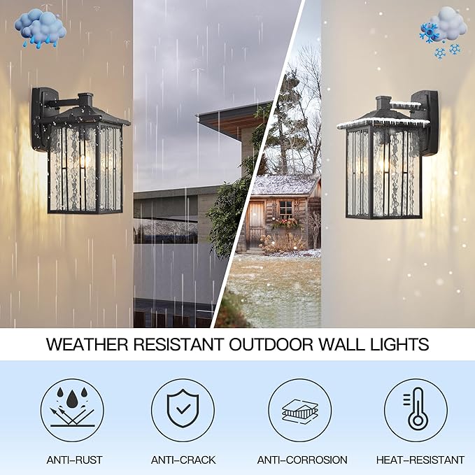 Outdoor Porch Light Fixtures, Black Wall Sconce Exterior Light, Large Front Ddoor Sconce Lights, Water Glass Outdoor Wall Lantern for Porch Garage House, 15”H
