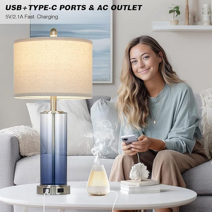 26 Inch Coastal Glass Table Lamp Single, 3-Way Dimmable Touch Control Bedroom Lamp with USB C+A Ports & AC Outlet, Modern Lamp for Living Room End Table, Nautical Bedside Lamp for Night stand, Blue