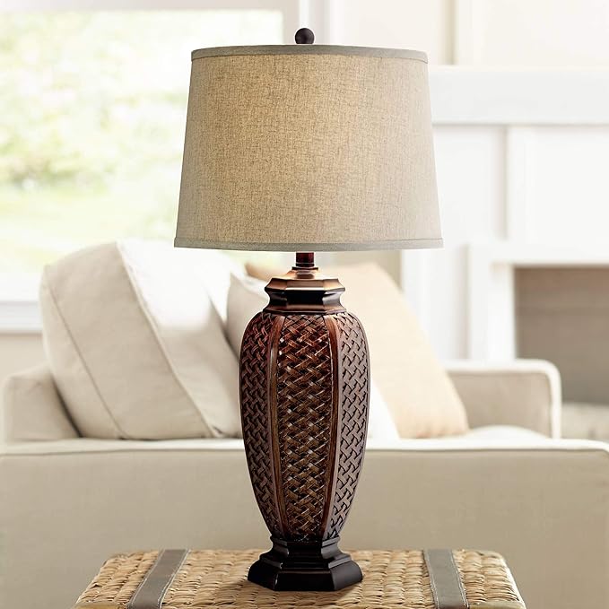 Regency Hill Tropical Natural Cottage Jar Table Lamps 29" Tall Set of 2 Weathered Brown Woven Wicker Beige Linen Fabric Drum Shade Decor for Living Room Bedroom House Bedside Nightstand Home