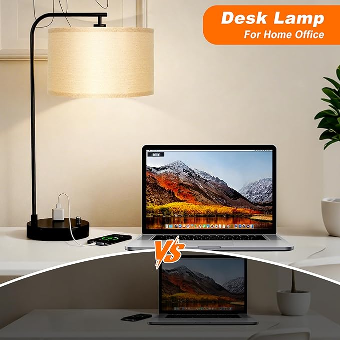 Tall Table Lamp for Bedroom Set of 2 with USB Port and Outlet, Dimmable Nightstand Bedside Lamps with Linen Lampshade, Desk Lamp for Bedroom, Living Room, Guest Room, Home Office, LED Bulb Included