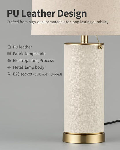 KDG 23.4" White PU Leather Table Lamps for Living Room Set of 2, 3 Level Brightness LED Modern Home Decor Fabric Lampshade Desk Lamp Lighitng for Bedroom, Bedside, Farmhouse, Nightstand, Night Light