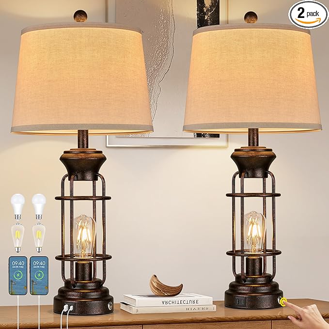 Table Lamps for Living Room Set of 2, 28" Tall Farmhouse Table Lamp with USB C+A Ports, Bedroom Lamps for Nightstand with White Oatmeal Lampshade, 4 Bulbs Included