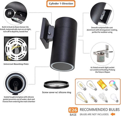 Dusk to Dawn Sensor Outdoor Wall Light, Exterior Lighting -ETL Listed, Aluminum Anti-Rust Waterproof Wall Mount Cylinder Design, 1-Direction Up or Down Light Fixture for Porch,Patio or Doorway