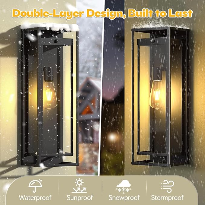 20in Outdoor Wall Light Dusk to Dawn-Black Modern Sconce Waterproof Exterior Lighting Fixture E26 Socket Porch Lights Extra Large Lantern for Entryway Patio House Garage (2Pack)