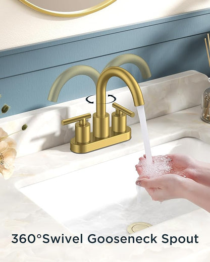 FORIOUS 4" Brushed Gold Bathroom Faucet Centerset 4 Inch, 2 Handle 2 Hole Gold Faucets for Bathroom Vanity wtih Metal Pop Up Dain, CUPC Supply Hose, High Arc Swivel Spout