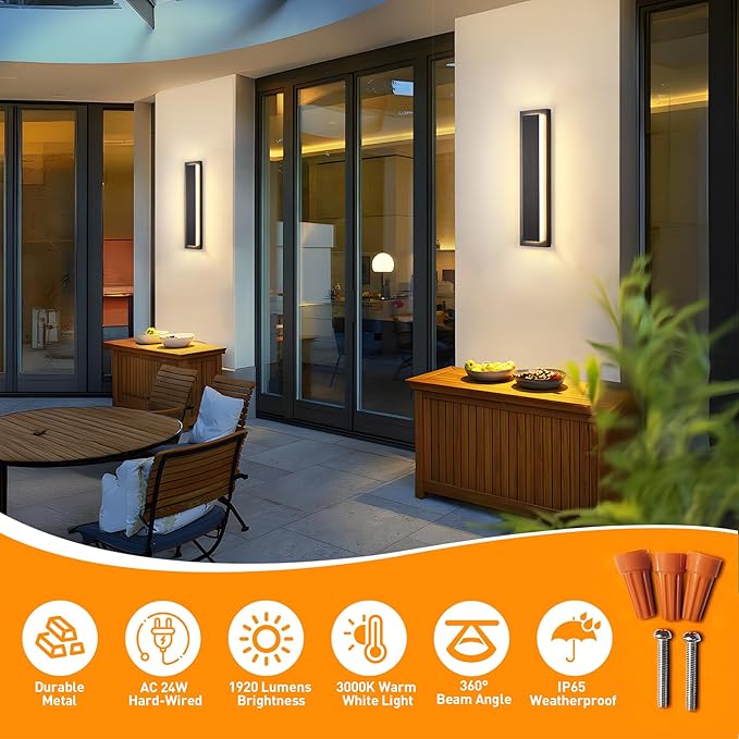 24 in Modern Long Outdoor Wall Lights Exterior Lights for House,LED Outdoor Wall Sconce Set of Two,Large Front Porch Light,Waterproof Patio Wall Light Fixture,24 W Exterior Garage Lighting
