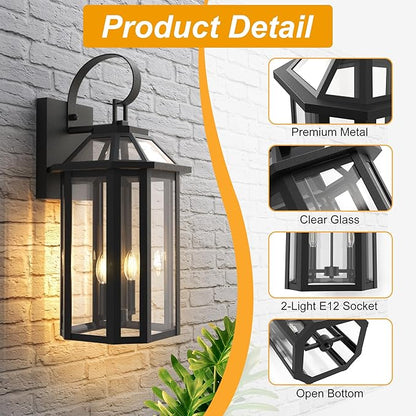 Large Outdoor Wall Lantern 2-Light, 26.3 Inch Waterproof Exterior Wall Sconce Light Fixtures, Glass Porch Lights for Front Door, Patio, and House Garage, Black