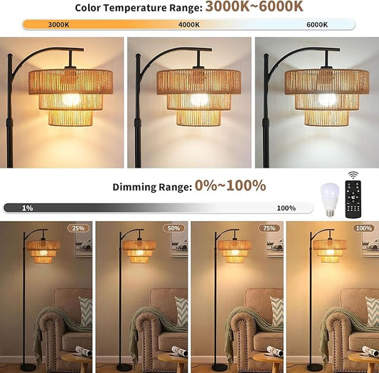 Boho Floor Lamp for Living Room Bedroom with Remote,Arc Farmhouse Floor Lamps with 3 Color Temperature,Rustic Standing Lamp with 3-Tier Rattan Wicker Shades,Adjustable Tall Lamp for Office,Corner