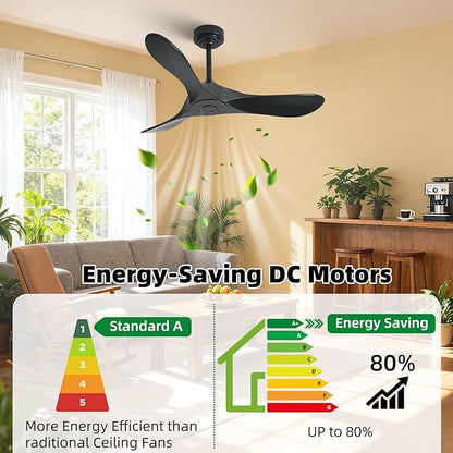 Outdoor Ceiling Fan Without Light, 42Inch Smart Ceiling Fan with Remote & Voice Control for Alexa/Google, 3-Blade Wood Fan, Quiet DC Motor, 6 Speeds for Patio, Porch, Farmhouse, Black