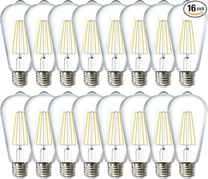 Sunco 16 Pack 60W Vintage LED Edison Bulbs Equivalent 8.5W CRI92 800 Lumens, Dimmable ST64 Filament, ST19, 2700K Soft White E26 Medium Base Light Bulbs High Brightness Clear Glass Waterproof - UL