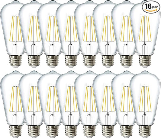 Sunco 16 Pack 60W Vintage LED Edison Bulbs Equivalent 8.5W CRI92 800 Lumens, Dimmable ST64 Filament, ST19, 2700K Soft White E26 Medium Base Light Bulbs High Brightness Clear Glass Waterproof - UL
