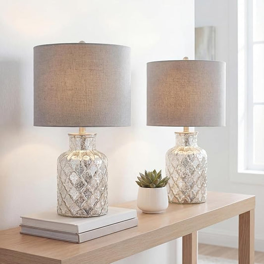 JONATHAN Y JYL1075A-SET2 Set of 2 Table Lamps Alvord 24.5" LED Glass Table Lamp Contemporary Bedside Desk Nightstand Lamp for Bedroom Living Room Office College Bookcase, Mercury Silver