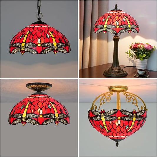 Tiffany Style Lamp Shade, 12 Inch Red Yellow Dragonfly Stained Glass Lamp Shade Replacement Lamp Cover Accessories Fit for Table Lamp Pendant Light Ceiling Light