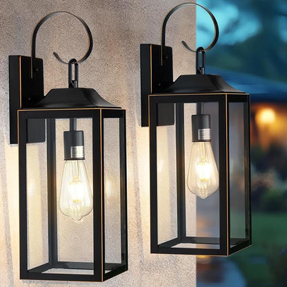 19" Large Outdoor Wall Light Fixtures, 2 Pack Black Exterior Light Fixtures Wall Sconces Porch Lights Outdoor, Waterproof Outdoor Lighting for House Garage Entryway-with Gold Trim