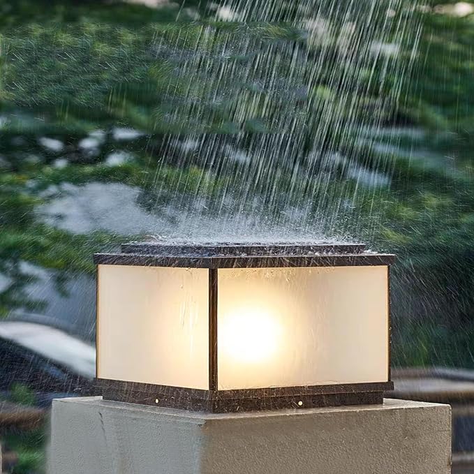 All Copper Steel Glass Outdoor Post lights, Waterproof Pillar Light, Vintage Patio Lawn Column Lamp,outdoor column lights,Deck Lights, Lantern Fence Lamp Fixture E26 Base (Frosted glass, 12X12IN)