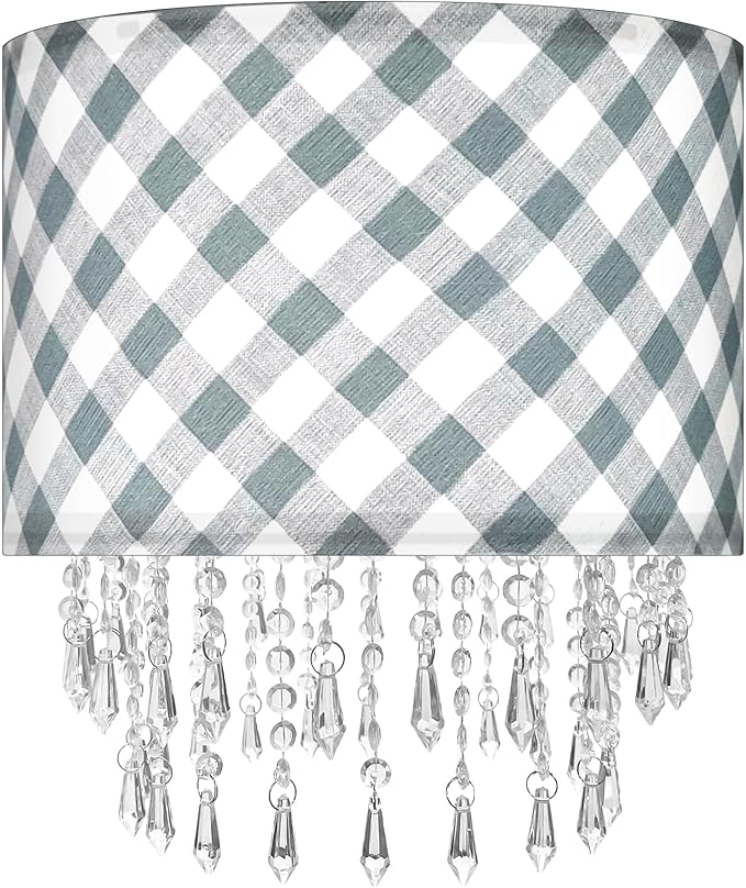 Teal & Grey Checkered Lamp Shade with Crystal Beaded Droplets, Drum Fabric Light Shade for Ceiling Pendant Table & Floor Lamps, Kid Boy Girl Teen Dorm Nursery Decor, 11.8in