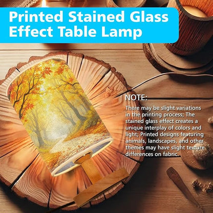 Autumn Forest Table Lamp LED 3-Color Pressed Bedside, Autumn Forest Shade Lamp with Wood Base for Bedroom Living Room Desk Office TL01